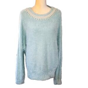 Black Rivet Sea Grass teal eyelash Oversized Pearl beads accents sweater Large
